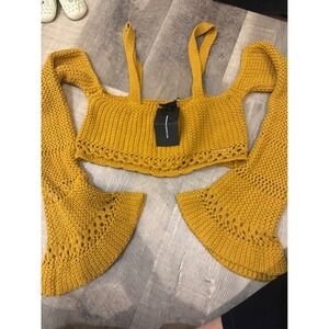 NWT Minga London Mustard Crochet Bell Sleeve Crop Top - Size S